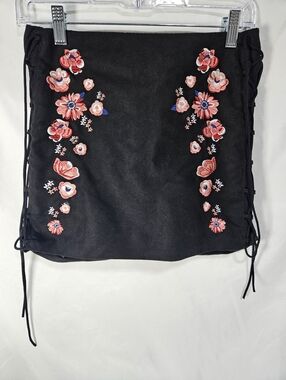 H&M Divided Black Faux Suede Embroidered Floral Lace Up Mini Skirt Boho Festival
